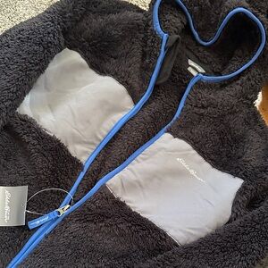 Eddie Bauer Black Sherpa Jacket with Gray Panels and Blue Trim Accents
